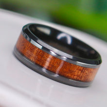 Load image into Gallery viewer, SPECIAL!  8mm Black Titanium band with wood inlay Size 8.5