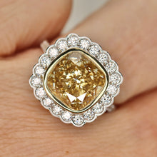 Load image into Gallery viewer, SPECIAL!  7ctw Fancy yellow cushion cut lab grown diamond ring in 14k gold