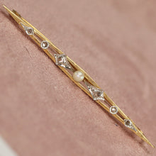 Load image into Gallery viewer, SPECIAL!  Estate antique French diamond and pearl bar pin in 18k yellow gold