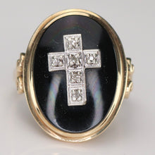 Load image into Gallery viewer, SPECIAL!  Vintage onyx and diamond Cross ring in yellow gold