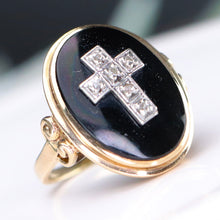 Load image into Gallery viewer, SPECIAL!  Vintage onyx and diamond Cross ring in yellow gold