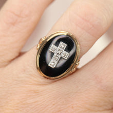 Load image into Gallery viewer, SPECIAL!  Vintage onyx and diamond Cross ring in yellow gold