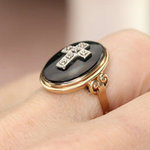 Load image into Gallery viewer, SPECIAL!  Vintage onyx and diamond Cross ring in yellow gold