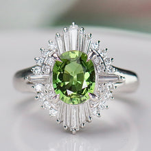 Load image into Gallery viewer, Green sapphire and diamond ballerina style ring in platinum
