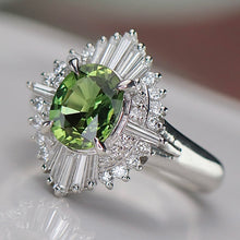 Load image into Gallery viewer, Green sapphire and diamond ballerina style ring in platinum