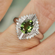 Load image into Gallery viewer, Green sapphire and diamond ballerina style ring in platinum