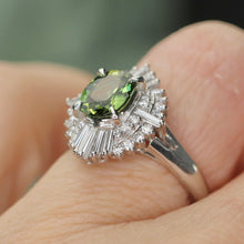 Load image into Gallery viewer, Green sapphire and diamond ballerina style ring in platinum