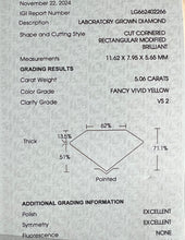 Load image into Gallery viewer, SPECIAL!  5.06ct Fancy vivid yellow radiant cut lab grown diamond ring in 14k gold
