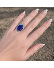 Load image into Gallery viewer, Estate vintage Princess Diana style lab grown Sapphire and diamond ring in 14k gold