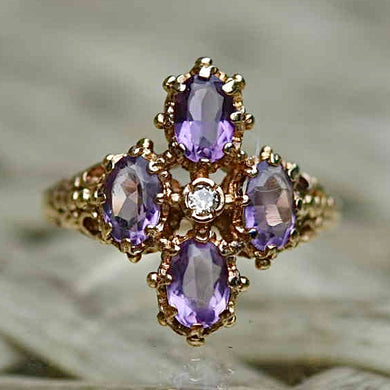Estate vintage Amethyst & diamond cluster ring in yellow gold