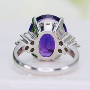 7.66ct oval amethyst and diamond ring in heavy platinum mounting