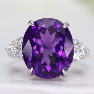 7.66ct oval amethyst and diamond ring in heavy platinum mounting