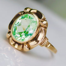 Load image into Gallery viewer, Vintage green synthetic spinel ring in yellow gold