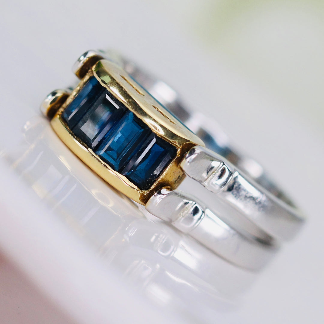 Double sided sapphire and blue topaz ring in 18k