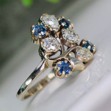 Load image into Gallery viewer, Vintage old cut diamond and sapphire ring in 14k white gold