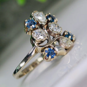 Vintage old cut diamond and sapphire ring in 14k white gold