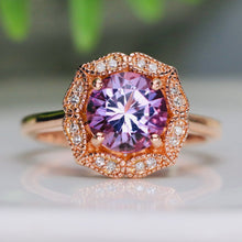 Load image into Gallery viewer, Amethyst and diamond halo ring in 14k rose gold