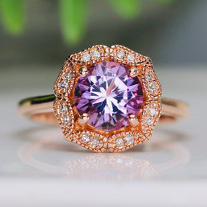 Amethyst and diamond halo ring in 14k rose gold