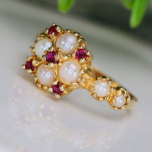 Load image into Gallery viewer, Stunning ruby and pearl ring in 14k yellow gold