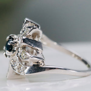 Sapphire and diamond flower style ring in 14k white gold