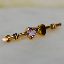 Load image into Gallery viewer, Vintage double heart brooch pin with amethyst and citrine in yellow gold from Manor Jewels