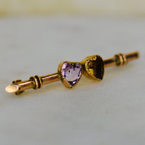 Vintage double heart brooch pin with amethyst and citrine in yellow gold from Manor Jewels