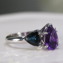 Load image into Gallery viewer, Amethyst and london blue topaz ring in heavy 14k white gold mounting