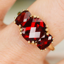 Load image into Gallery viewer, Checkerboard 3 stone garnet ring in 14k yellow gold
