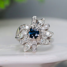 Load image into Gallery viewer, Sapphire and diamond flower style ring in 14k white gold