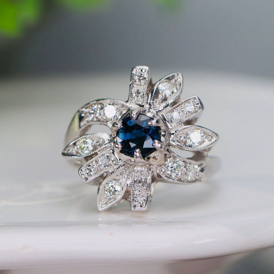 Sapphire and diamond flower style ring in 14k white gold