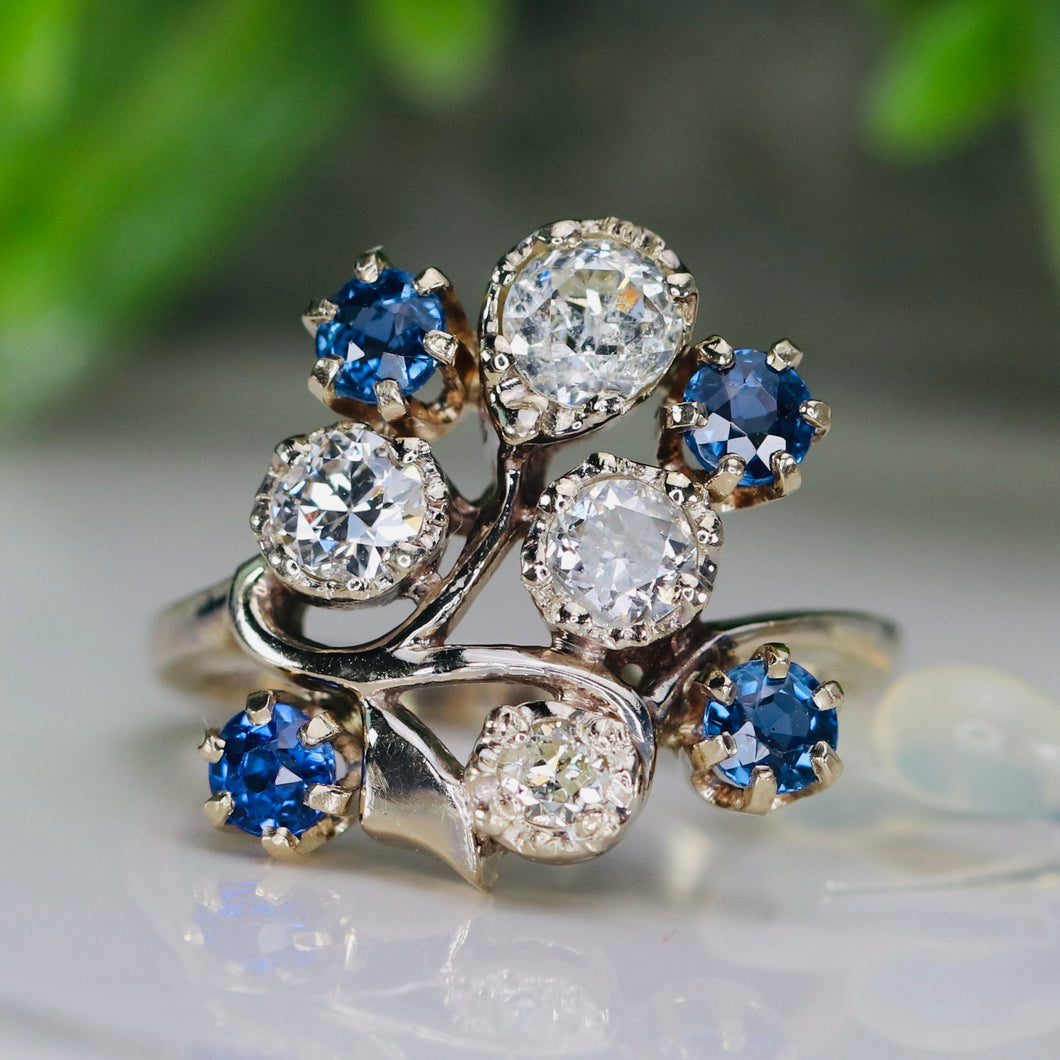 Vintage old cut diamond and sapphire ring in 14k white gold