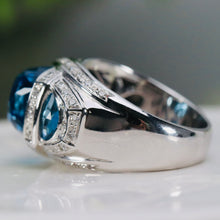 Load image into Gallery viewer, Blue topaz ring with floating diamonds in 14k white gold