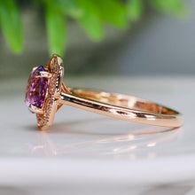 Load image into Gallery viewer, Amethyst and diamond halo ring in 14k rose gold
