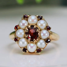 Load image into Gallery viewer, Stunning garnet and pearl ring in 14k yellow gold