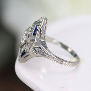 GIA Art Deco Sapphire and diamond ring in 18k white gold
