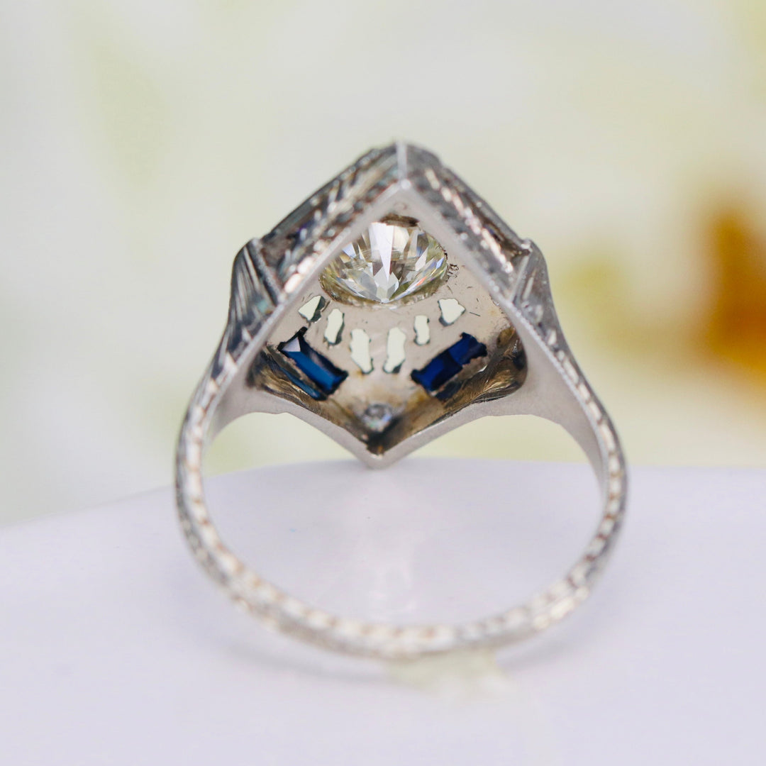 GIA old european cut diamond and synthetic sapphire ring in 18k white gold