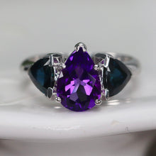 Load image into Gallery viewer, Amethyst and london blue topaz ring in heavy 14k white gold mounting