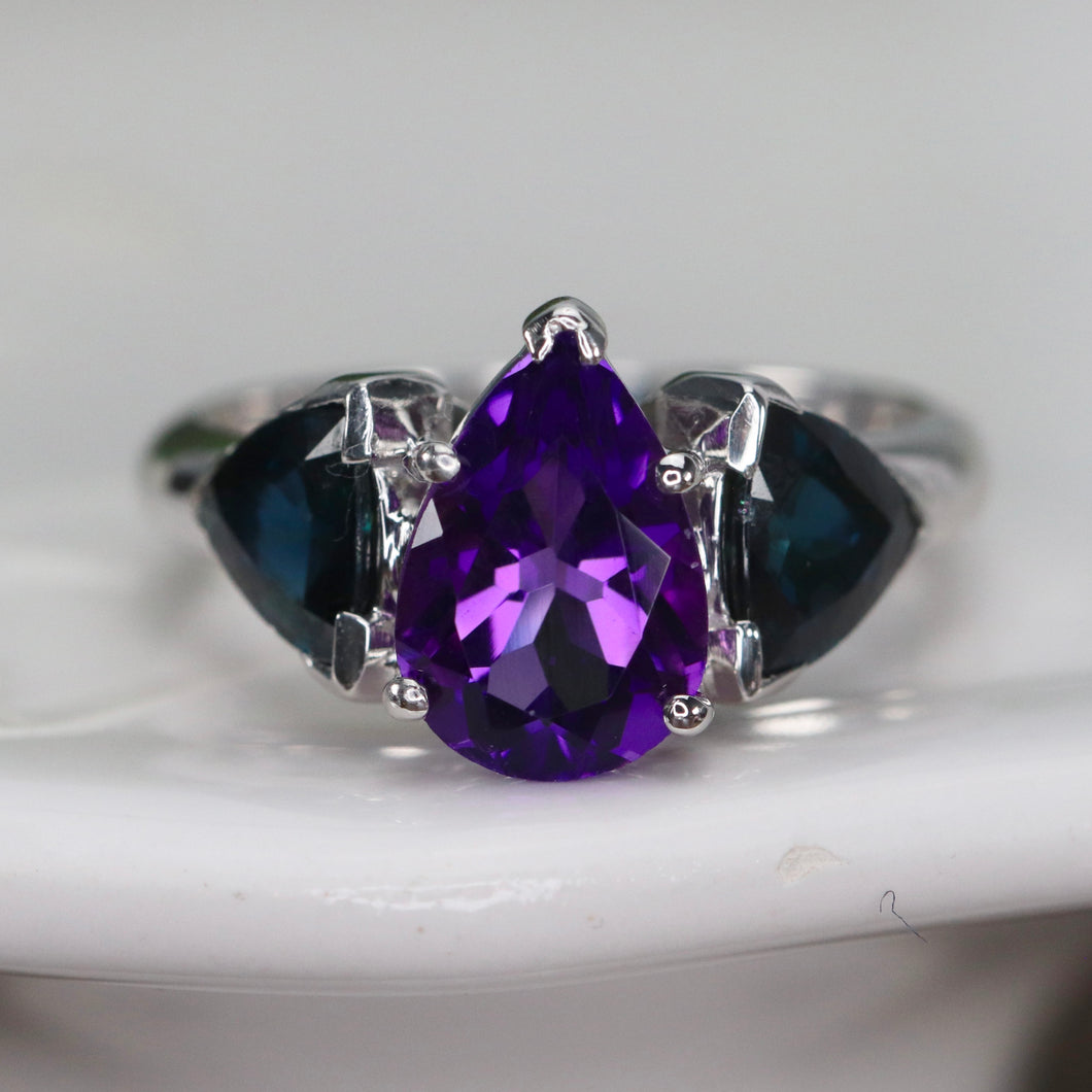 Amethyst and london blue topaz ring in heavy 14k white gold mounting