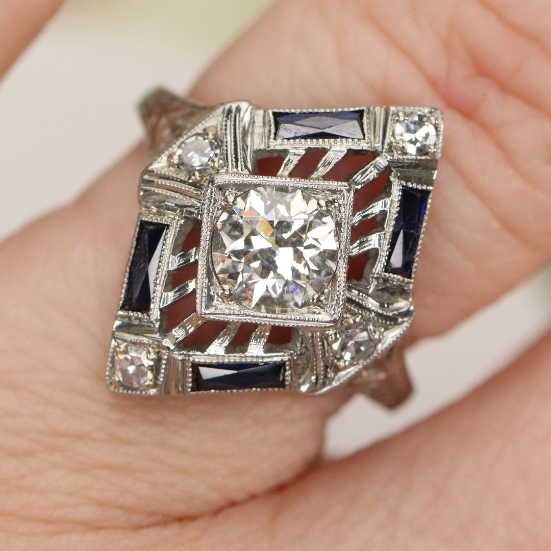 GIA old european cut diamond and synthetic sapphire ring in 18k white gold