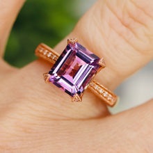 Load image into Gallery viewer, Emerald cut amethyst and diamond ring in 14k rose gold