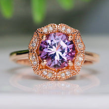 Load image into Gallery viewer, Amethyst and diamond halo ring in 14k rose gold