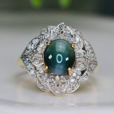 Impressive Cats eye chrysoberyl and diamond ring in 14k yellow gold