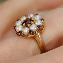 Load image into Gallery viewer, Stunning garnet and pearl ring in 14k yellow gold