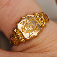 Load image into Gallery viewer, Antique shield shaped MC/CM signet ring in yellow gold
