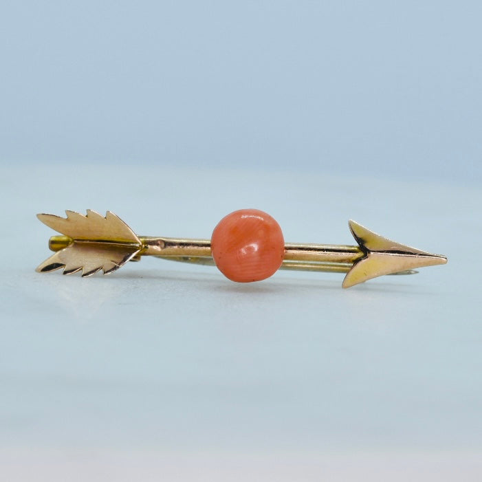 Victorian coral arrow pin in yellow gold
