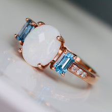 Load image into Gallery viewer, Opal and blue topaz ring in rose gold