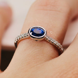 East west blue Sapphire and diamond ring in 14k white gold