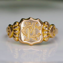 Load image into Gallery viewer, Antique shield shaped MC/CM signet ring in yellow gold