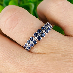 Sapphire and diamond floral bubble band in white gold
