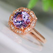 Load image into Gallery viewer, Amethyst and diamond halo ring in 14k rose gold